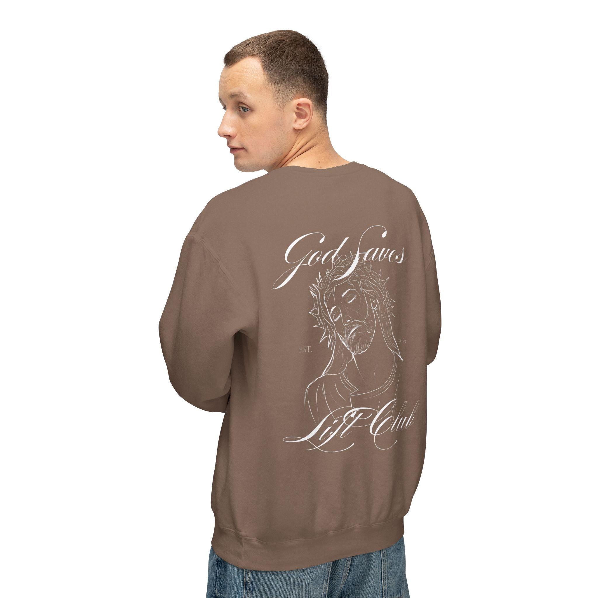 God Saves Lift Club Lightweight Crewneck | Premium Faith & Fitness Sweatshirt
